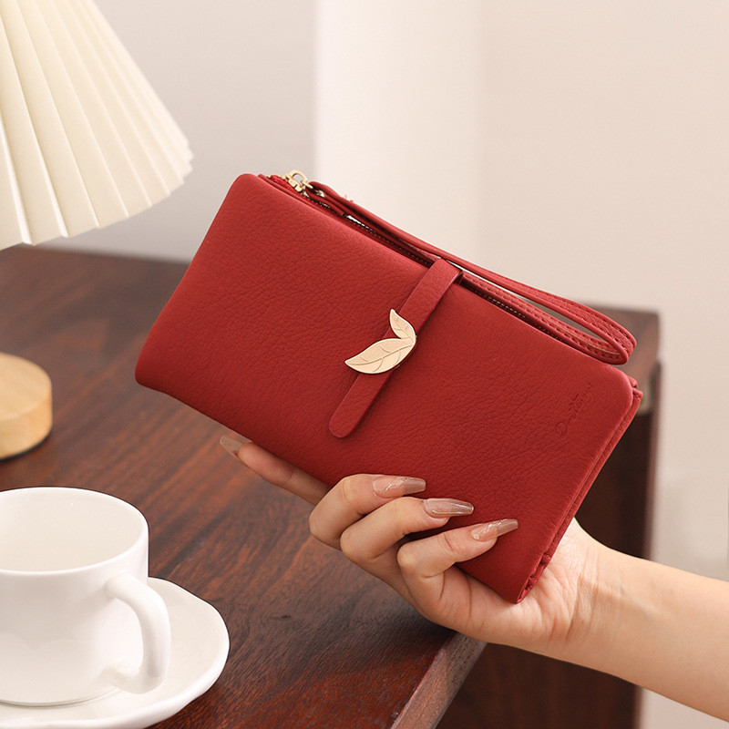 Women's long wallet, Korean and Japanese style, simple leaf clasp, zipper, foldable handbag, multifunctional clutch bag, wholesale