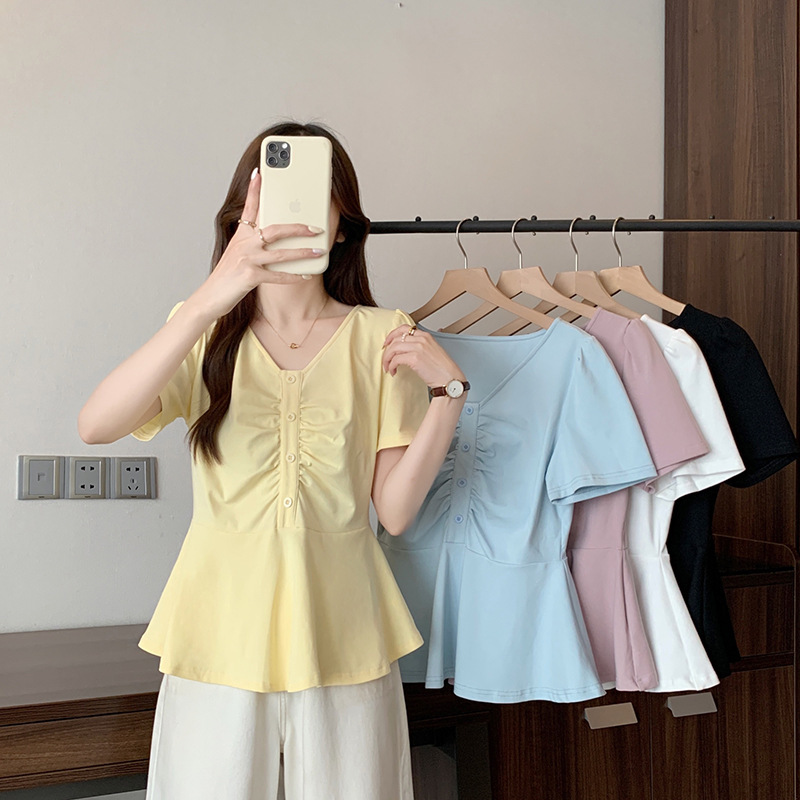 2026 Summer New Style Plus-Size Women's Korean Fashion V-Neck Patchwork Ruffle Short-Sleeve T-Shirt