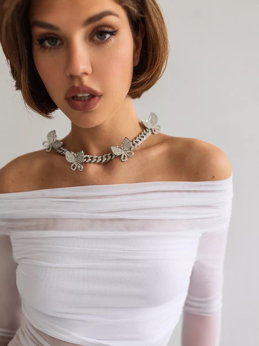 Damen Ein-schulter-netzoberteil Langarm Slim Fit Elegant Sommer_voghion.com