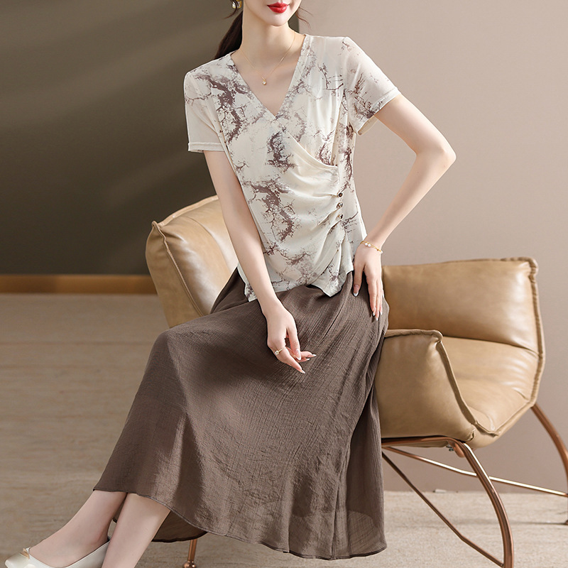 Middle-aged and Elderly Women's Summer Two-piece Dress New Chinese Chiffon dress Slim-fit Mother Dress Seaside Holiday Skirt