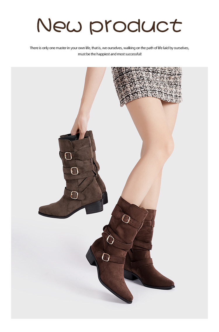 Spetsiga Knight-stövlar för kvinnor Hösten 2024 nya brittiska stövlar med spänne i västerländsk stil, mellanhöga Martens-stövlar för kvinnor_voghion.com