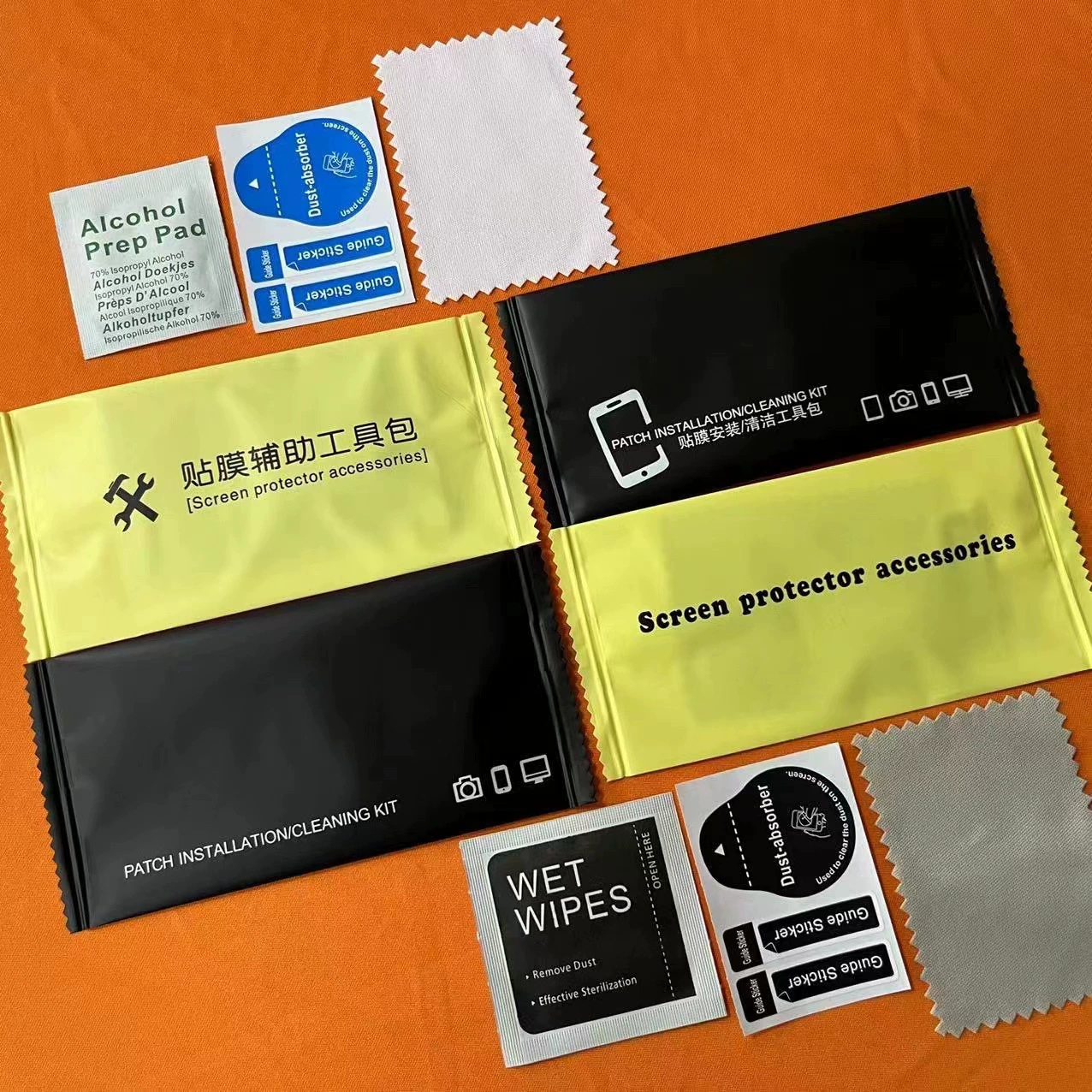 Фабрика оптовая продажа алкогольных пакетов для мобильного телефона комплект для чистки экрана пленки вспомогательный комплект для сухой и влажной упаковки для чистки пыли наклейки