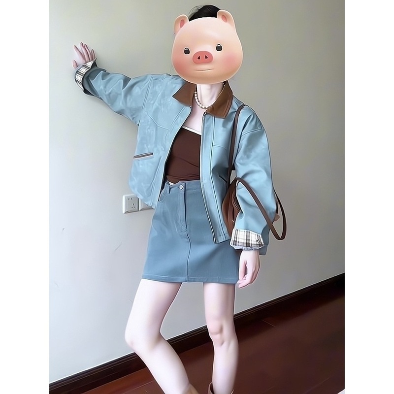 设计感浅蓝复古翻领短外套2025早秋新款休闲百搭气质通勤炸街夹克|undefined