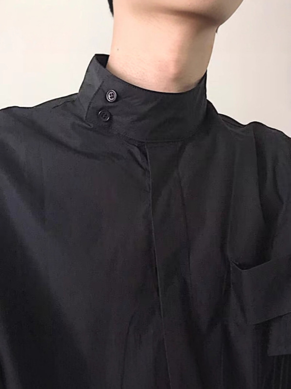 法式立领衬衫男禁欲系宽松长袖罩衫半高领开扣衬衣休闲工装寸衫潮|undefined