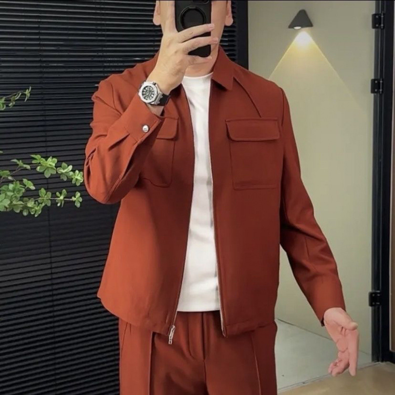 가을과 겨울 성숙한 남자의 높은 럭셔리 패션 트렌드 슬리밍 간단한 하이 엔드 옷깃 재킷 작은 직선 캐주얼 세트