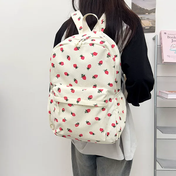 Cross-Border Korean Version of College Students' Corduroy Cute Strawberry Backpack Sweet Trendy Women's Travel Small Backpack Foreign Trade