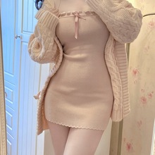 日系甜美辣妹针织套装女慵懒风宽松外套吊带连衣裙秋冬穿搭两件套