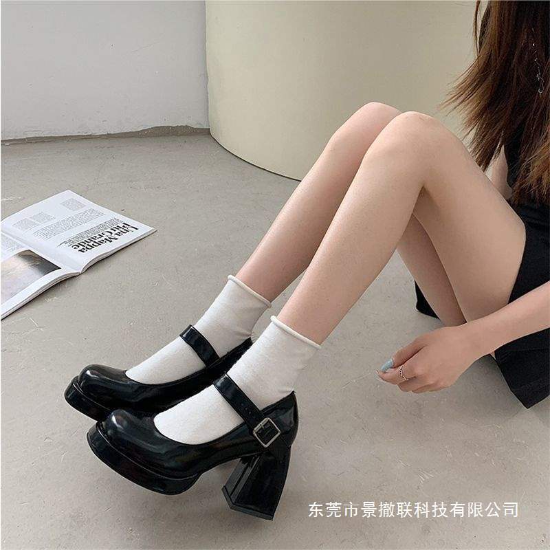 Mary Jane Shoes with Chunky Heels, Waterproof Platform, Thick Soles, Height-Increasing, Japanese Style, Glossy Black, Elegant French High-Heeled Leather Shoes