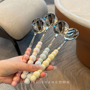♡ Boss Lady's Personal Luxury* Pearl 304 Stainless Steel Spoon with Imitation Ceramic Handle Round Spoon for Girls' Dining Soup Spoon