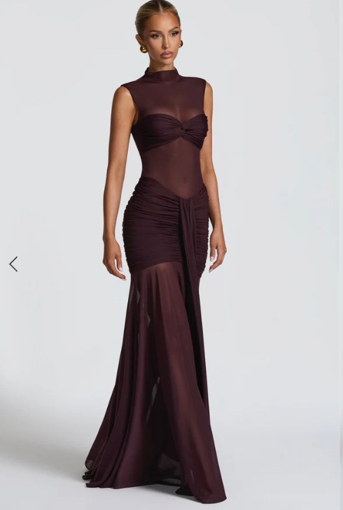 Elegant Bodycon Dress For Women Sexy Sheer Long Dress With Pleated Patchwork Slim Fit High Neck American Style_ecoleips.com