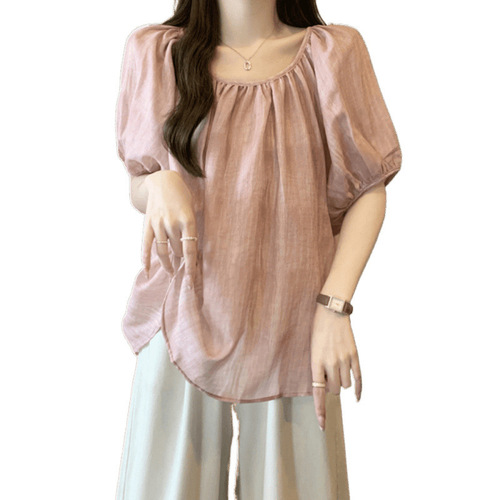 Pink Peter Pan Collar Loose Sweet Women's Summer Plus Size Fat-Slimming Stomach Covering Baby Shirt Unique Top