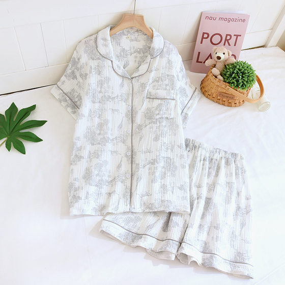 Women's Pajamas Summer Sweet Cartoon Cotton Double-Layer Crepe Lapel Short-Sleeved Shorts Home Clothes Two-Piece Suit