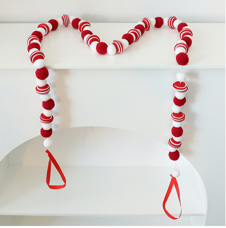 Handgefertigte Filzkugelgirlande – Rot-weiße Pompon-Girlande für Weihnachtsbaum, Kamin und Fensterdekoration (DIY-Weihnachtsdekoration, 3 Meter)_voghion.com