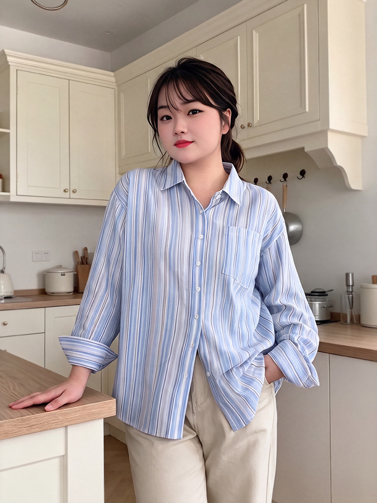 65-160kg Plus Size Women's Casual Shirt 2026 Spring and Autumn New Style for Chubby Girls Striped Sun-Protective Long-Sleeve Top