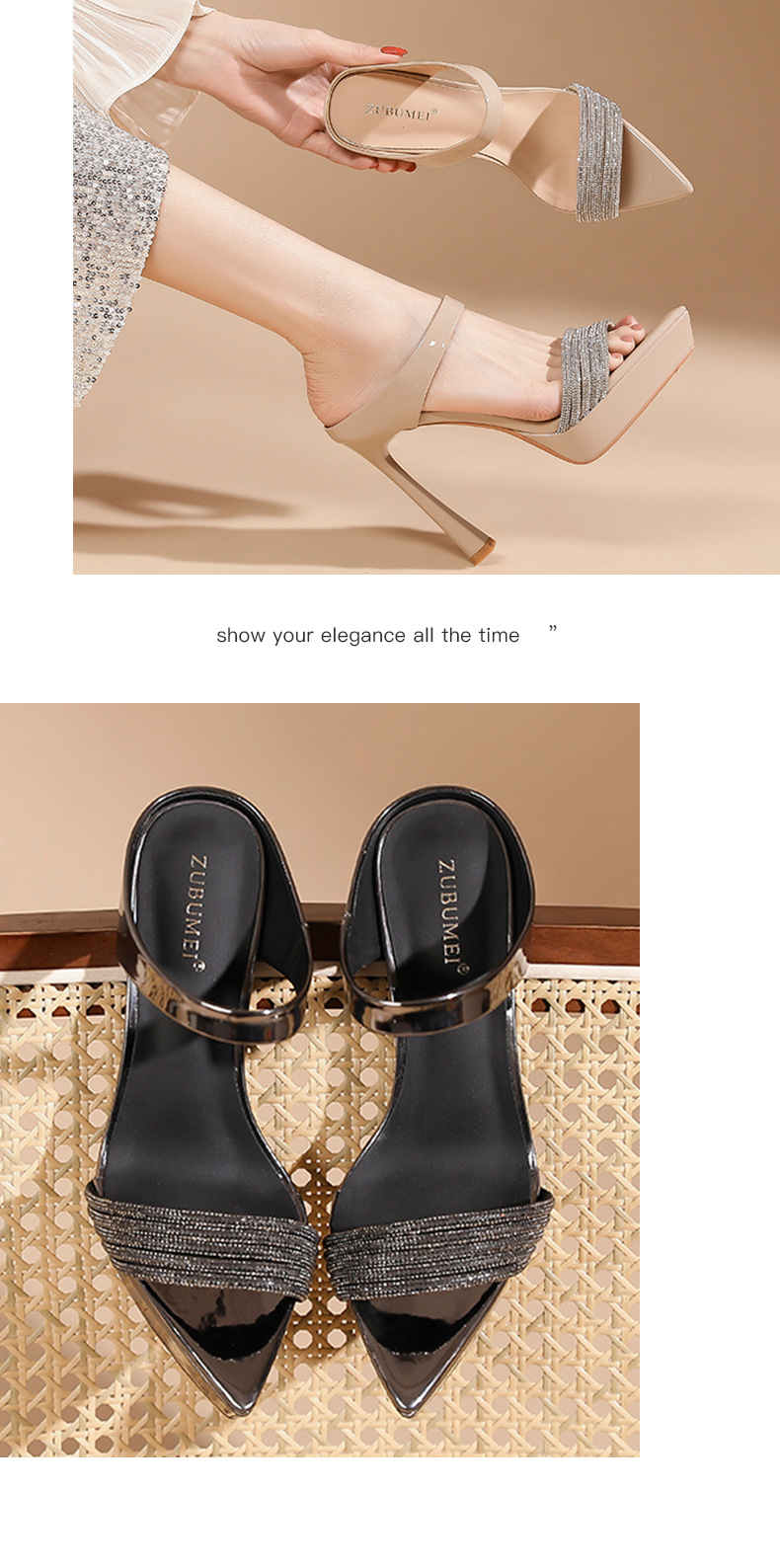 Sandal cao gót nữ mũi nhọn quai một dây đính đá, gót 12 cm — Màu nude-12cm chi tiết 7