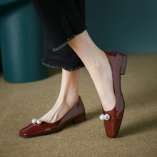 法式珍珠平底鞋女2023春夏款軟皮拼色配裙子方頭淺口單鞋紅色單鞋