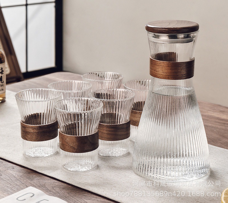 Juego de jarra de agua fría de vidrio transparente con diseño vertical, borosilicato resistente al calor, gran capacidad, para jugos y bebidas