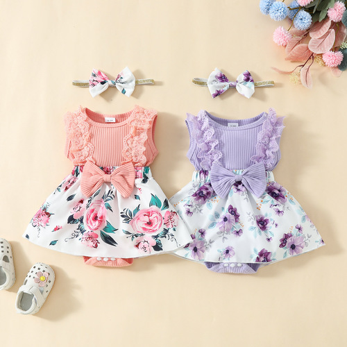 Lace Flower Edge Sleeveless Triangle Hem Bodysuit for 0-1 Year Old Girls with Floral Butterfly Bow and Headband