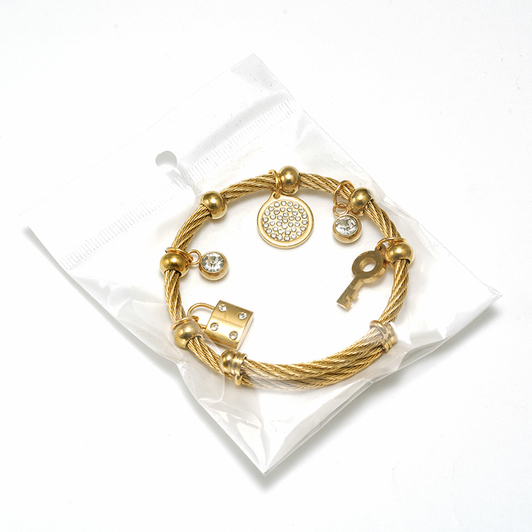 Real Gold Plated Round Key Lock 304 Stainless Steel Retro Religion Waterproof Non Tarnish Titanium Steel Bangle display picture 5