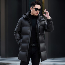 海宁头层牛皮秋冬新款皮衣男中长款可脱连帽真皮鹅绒内胆外套保暖