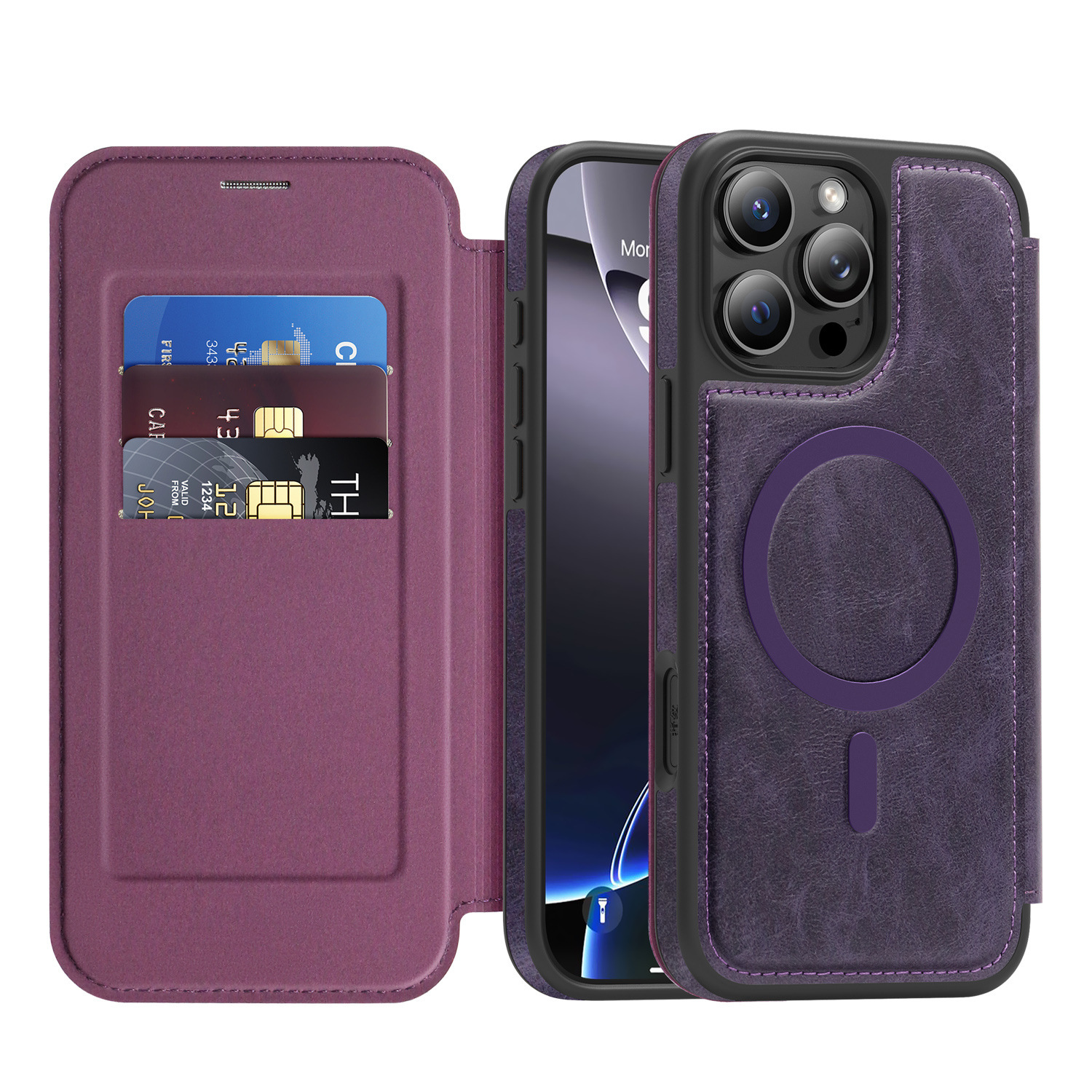 Ốp lưng da từ tính có khe đựng thẻ cho iPhone 16 Pro Max, chống sốc — Màu đen, Màu xanh ngọc, Màu cà phê, Xám vàng titan chi tiết 14