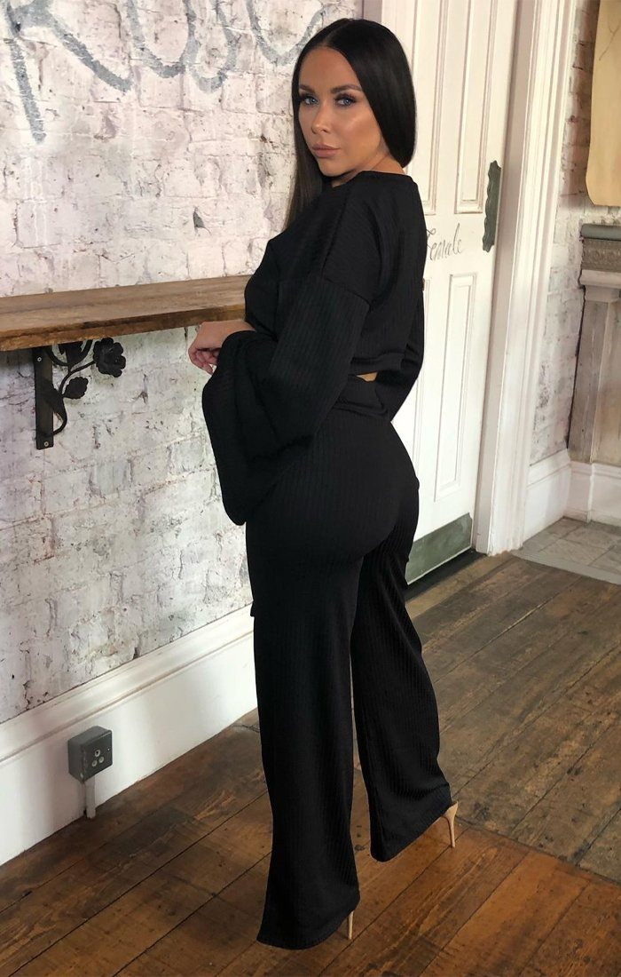 women s solid color slit cuff knit sweatshirt vertical wide leg pants two-piece suit nihaostyles clothing wholesale NSMFF79832