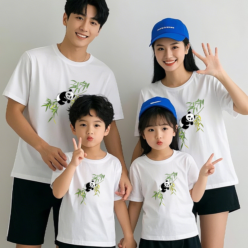 白色t恤亲子装夏一家三口竹叶熊猫印花全家装短袖母女装定 制班服