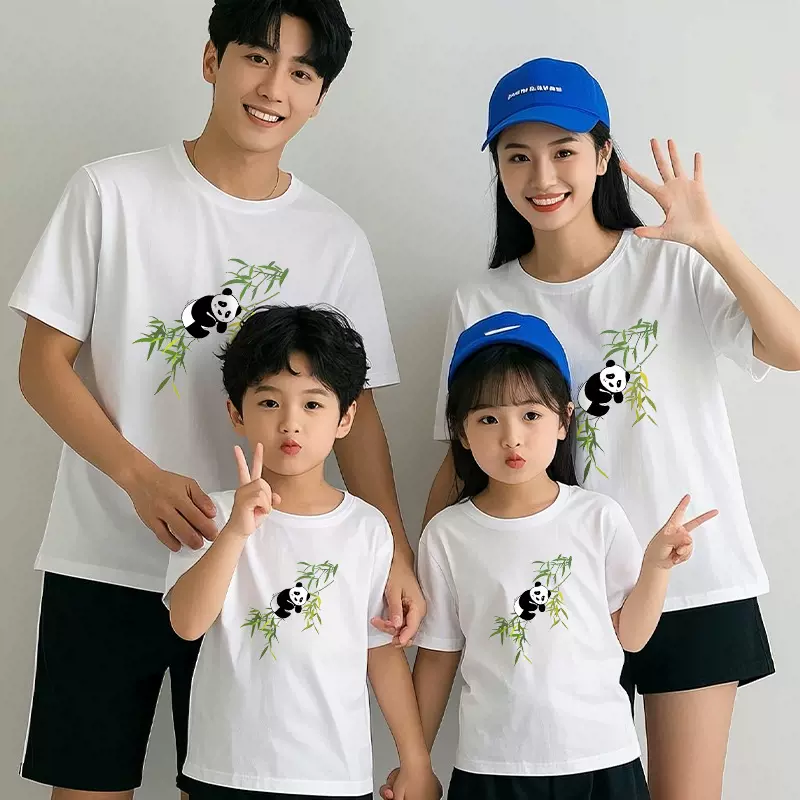 白色t恤亲子装夏一家三口竹叶熊猫印花全家装短袖母女装定 制班服