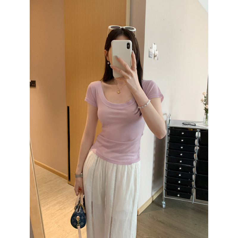 Special Wholesale Unique White Light and Slim Slimming Look U-Neck Short-Sleeved T-Shirt Feminine New Summer Beautiful Top Special Wholesale Unique White Light and Slim Slimming Look U-Neck Short-Sleeved T-Shirt Feminine New Summer Beautiful Top