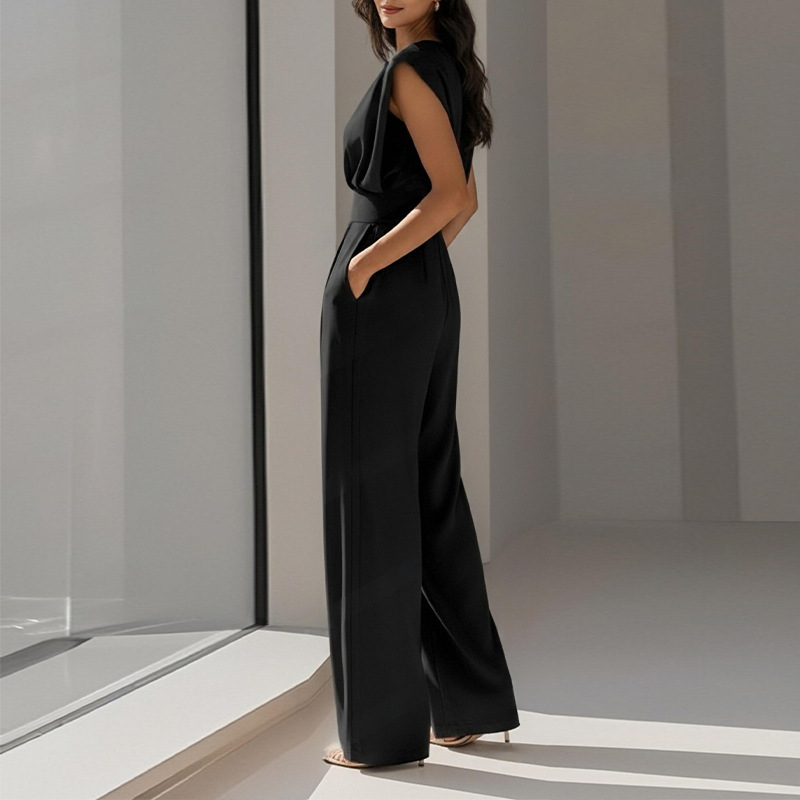 2026 Spring New Women's Clothing, Fashion Casual Commuter Solid Color Crew Neck Pleated Jumpsuit_ecoleips.com