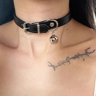 Bell Black Belt Buckle Choker Daily Versatile Black Leather Collar Bell Choker Short Style