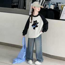 网红学院风休闲儿童拼色长袖韩版新款中大童时髦女童卡通猫咪卫衣