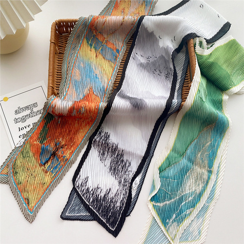 Folded long small silk scarf for women summer thin Korean style versatile decorative scarf long tied bag professional scarf
