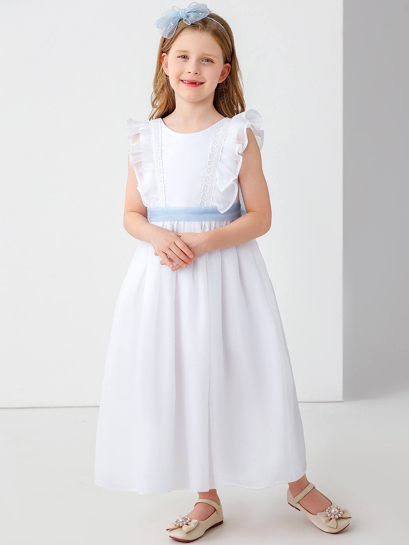 Vestido de novia para niños europeo y americano transfronterizo, vestido de princesa de rendimiento de niña de flores de encaje de lazo de niña de comercio exterior, vestido largo