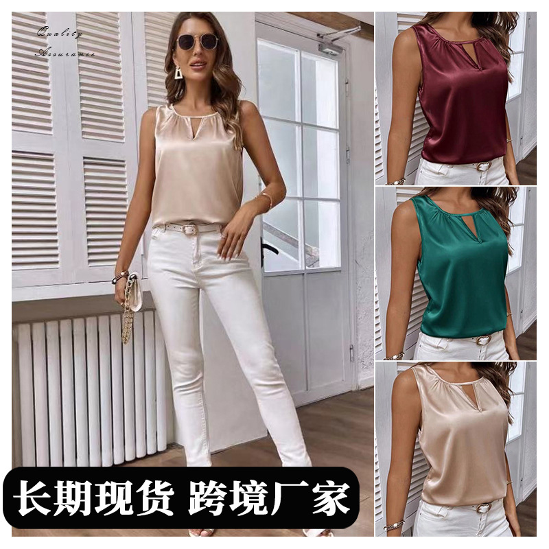 Ropa transfronteriza europea y americana, novedad de verano 2025, camiseta plisada de satén, chaleco de satén, top sin mangas calado, en stock