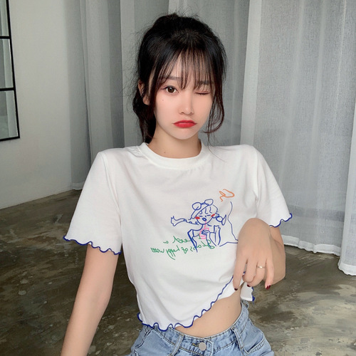 Doodle Short Sleeve T-Shirt for Women 2025 Summer New Slimming Short Length High-Waist Wavy Edge Hot Girl Revealing Top Trendy