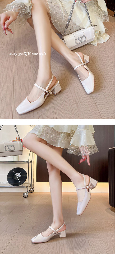 Giày Mary Jane nữ gót thô 3–6 cm mũi vuông quai móc hở gót kiểu Pháp — Màu kaki, Màu trắng be, Màu vàng nhạt chi tiết 9