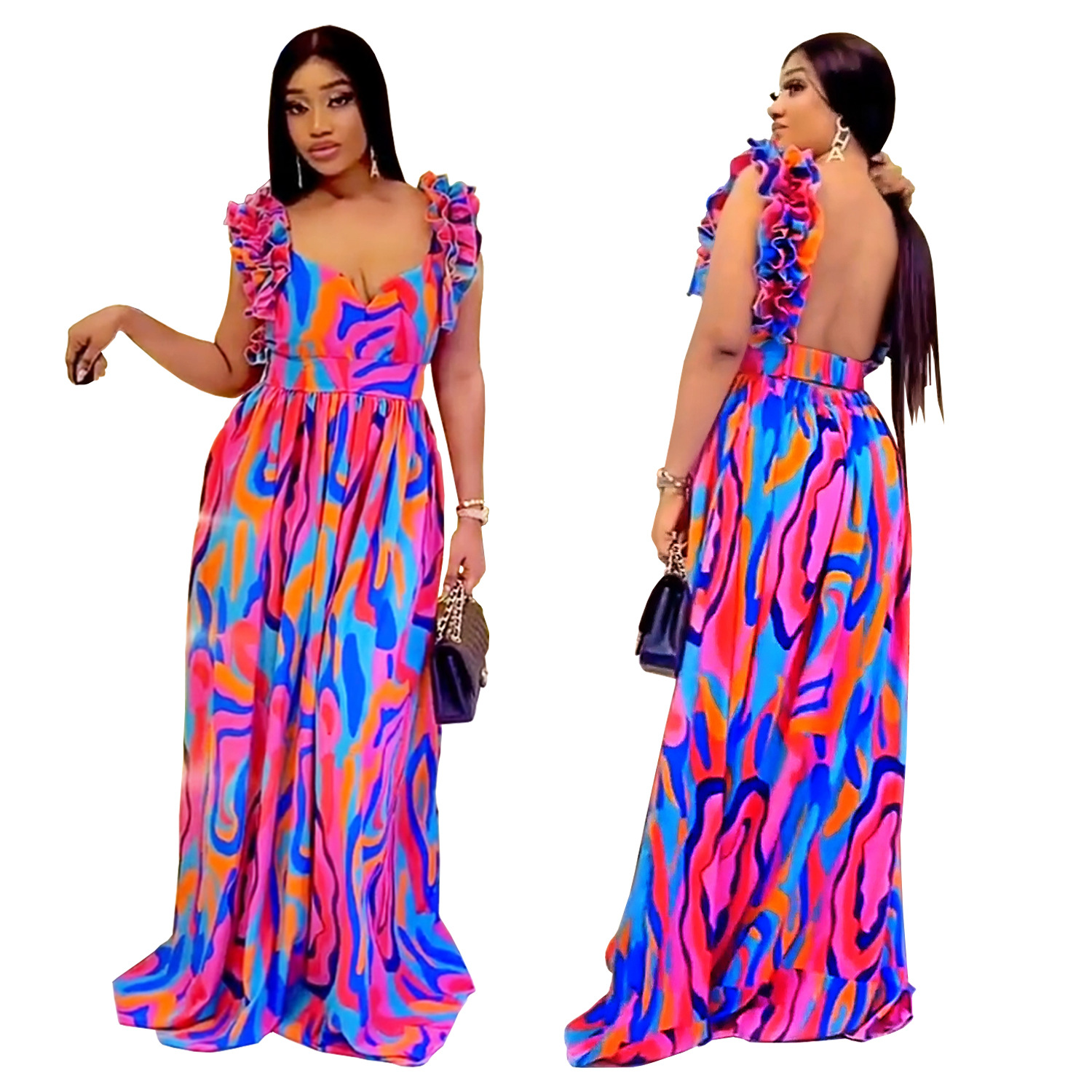 C7512 Aliexpress transfronterizo Amazon Europa y América de moda de mujer elegante vestido de impresión de correa de hombro de hoja de loto nuevo image 6