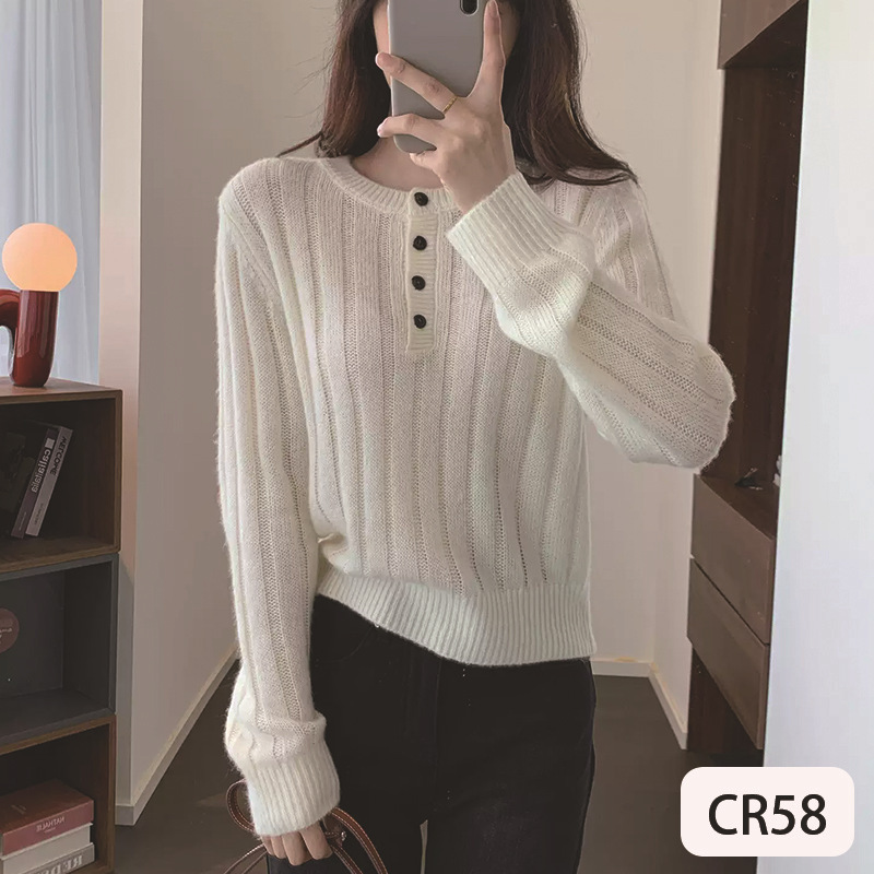 Fluffy and warm wool and cashmere buttoned henley round-neck comfortable and simple short long-sleeve knit sweater top Fluffy and warm wool and cashmere buttoned henley round-neck comfortable and simple short long-sleeve knit sweater top