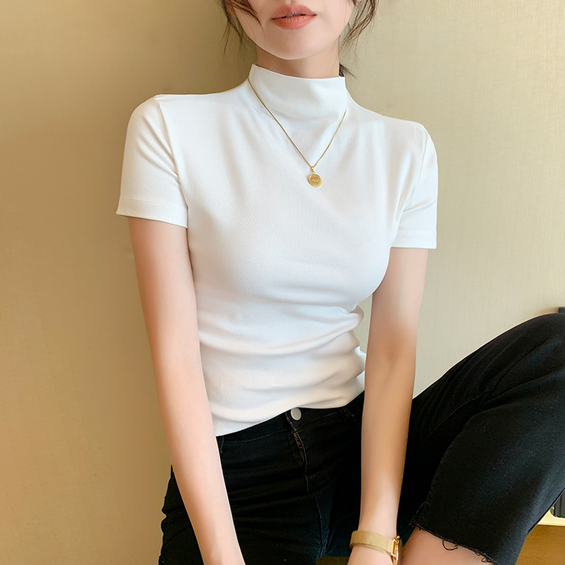 女性用ハーフタートルネック半袖ボトムシャツ、春夏秋の薄手の純綿Tシャツ、スリムフィットシャツ、気質半袖トップス|undefined
