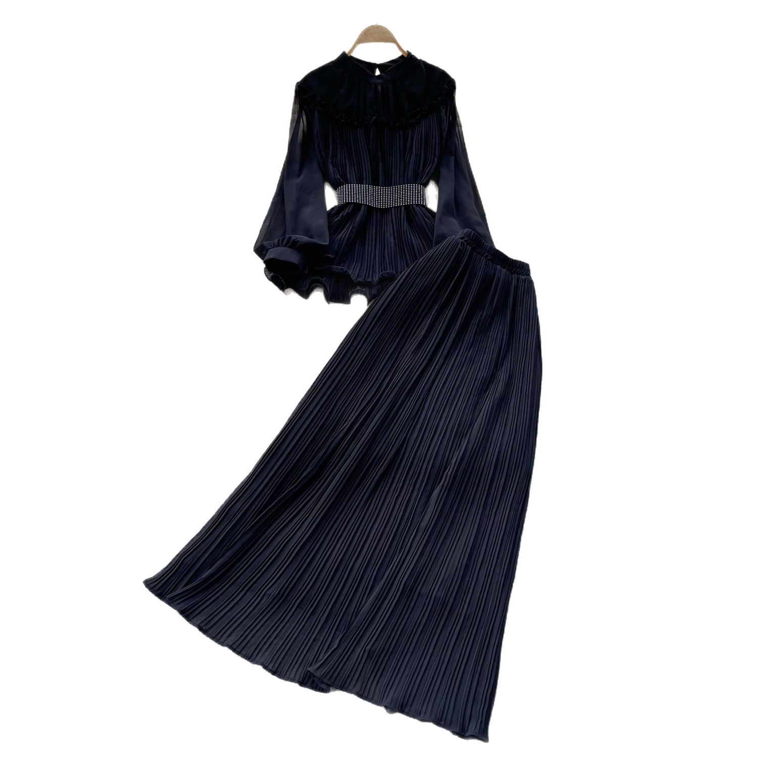 French Office Style Purple Lantern Sleeve Belted Ruffle Midi Dress For Women | Autumn Elegant Two-Piece Set_ecoleips.com