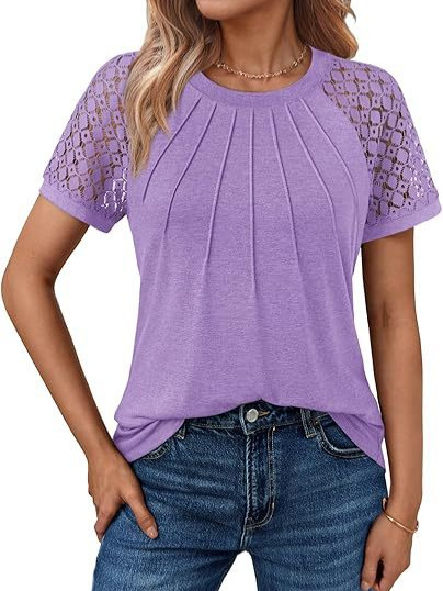 Camiseta de mujer de Amazon Top de moda Camiseta de negocios de manga corta de encaje Ropa de verano de punto casual al por mayor