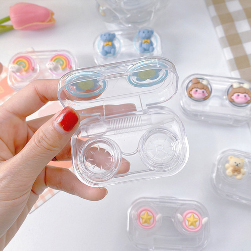 New invisible contact lens case cartoon beauty lens box, convenient to carry transparent double-layer box beauty lens companion case care box