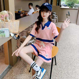 女童夏季短袖POLO衫套装2024新款韩版中大童拼色t恤短裤两件套潮.