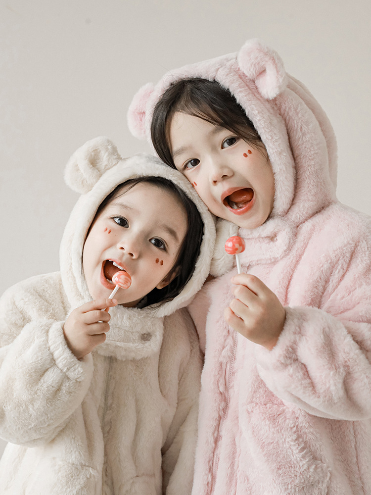 Qiu Duo Meng Girls Stuffed Bear Ears Hat Tops Warm 2025 New Spring and Autumn Children's Cute Loose Top Thick