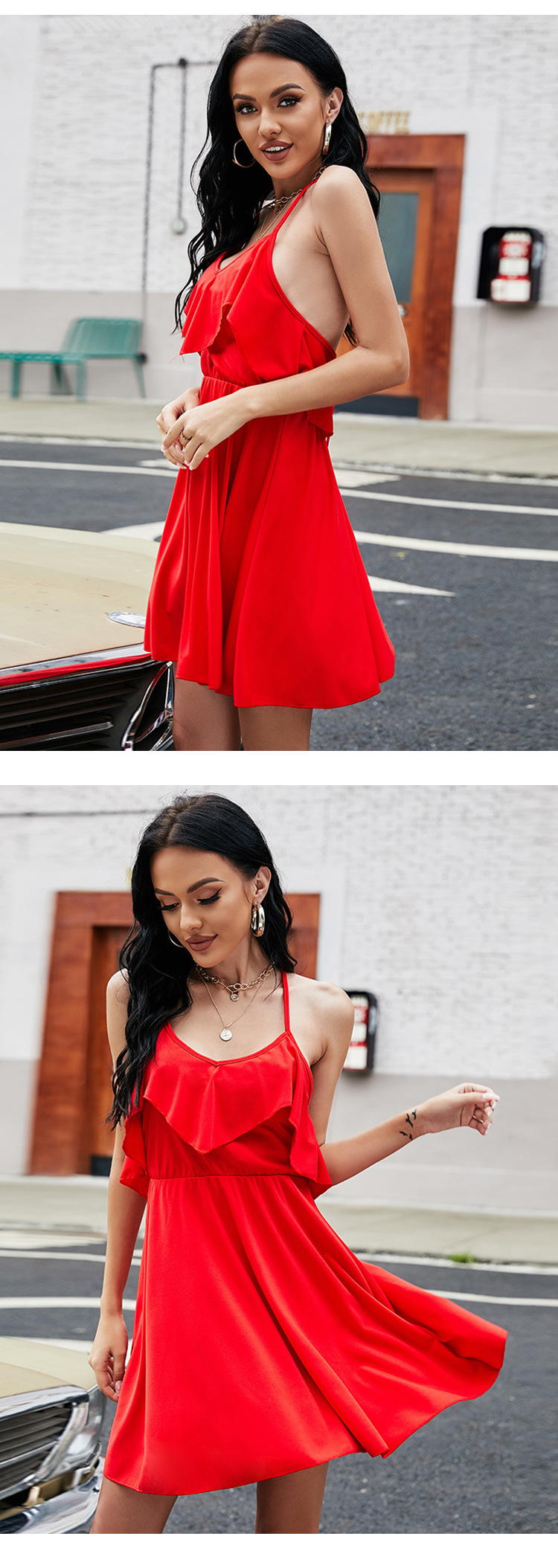 Summer Women Solid Color Backless Pleated Sexy Ruffles Slim Dress Women