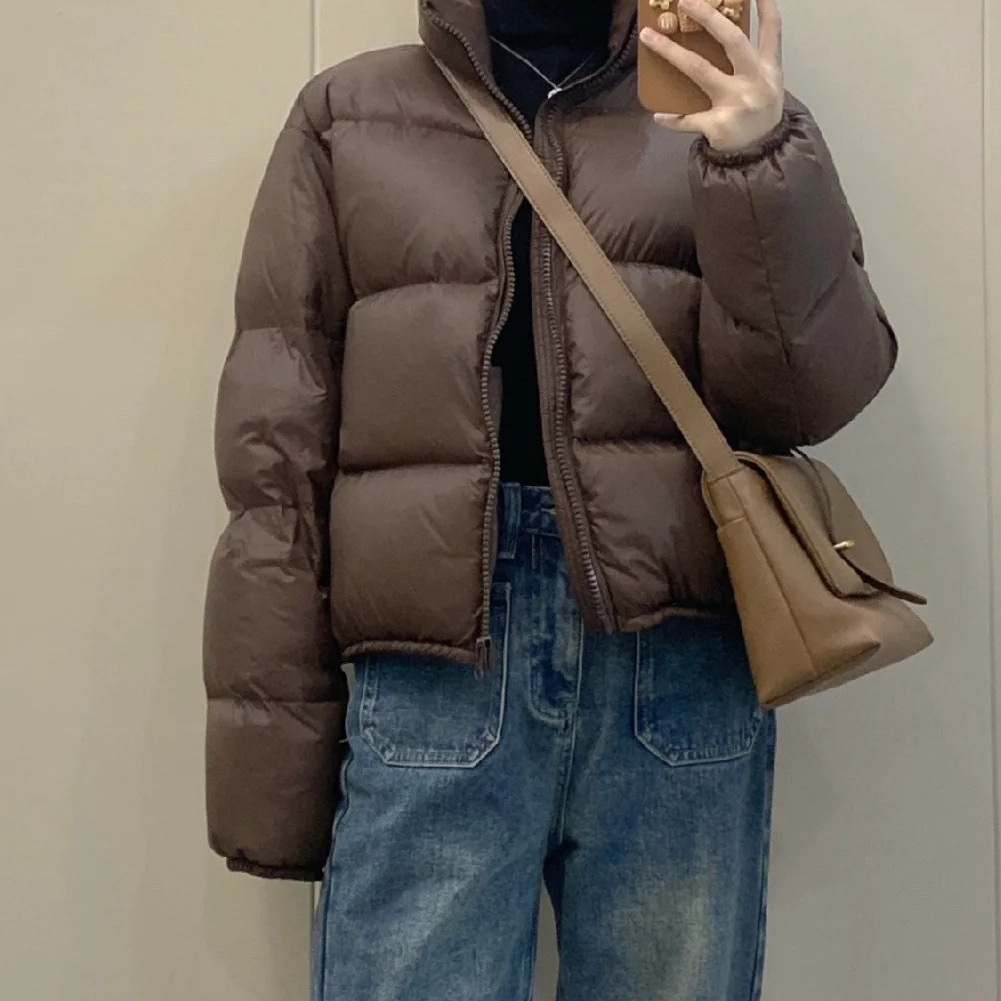 Cross-Border White Duck Kendall Jenner Down Women Short European Version Coffee Color Loose Stand Collar Thickened High_voghion.com