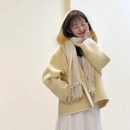 【SHISHI】韩系小个子软芙芙~奶黄色包边精致减龄羊毛大衣FS15