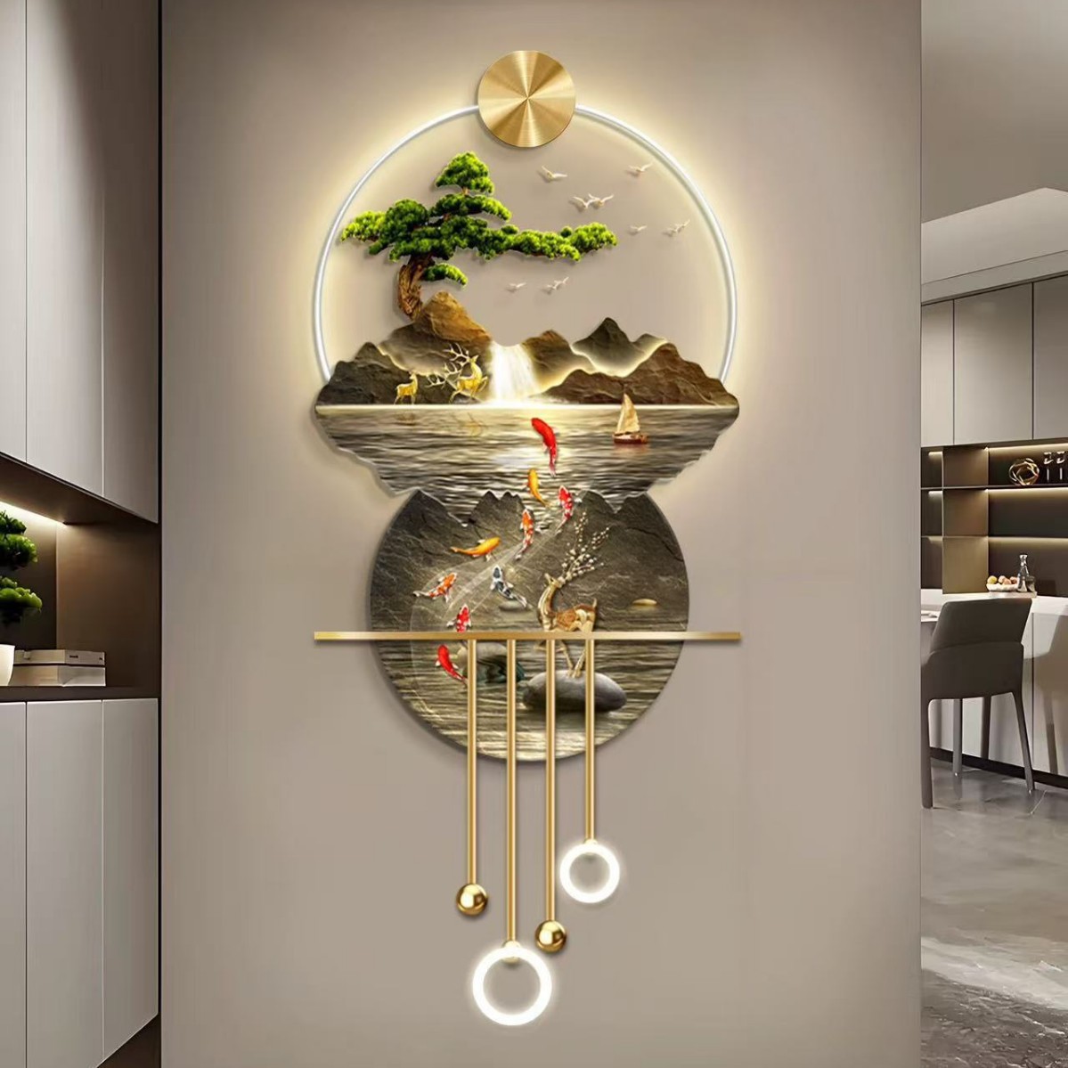 九鱼图新中式入户玄关装饰画山水画高档LED壁灯走廊挂画铁艺灯画