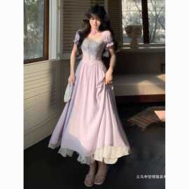 大码胖法式泡泡袖连衣裙女装夏季新款度假风收腰显瘦字裙长裙